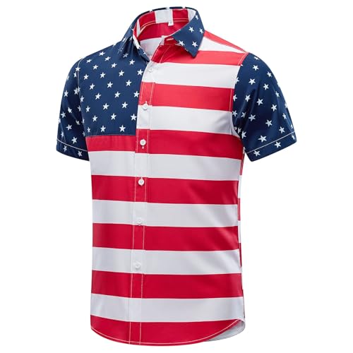 EUOW American Flag Button Down Patriotic Hawaiian Shirts for Men Short Sleeve USA 4th of July Shirts(GQ L l)