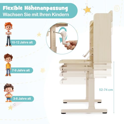 COSTWAY Schreibtisch Kinder, Kinderschreibtisch 52-74 cm höhenverstellbar mit neigbarer Tischplatte, Kindertisch mit Regal, Schublade, & Buchständer, Schülerschreibtisch für Kinder ab 3 Jahren (Blau)