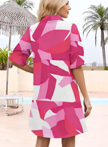 Image of Womens Summer Shirt Mini Beach Dresses | Flowy Shift Dress, Button V Neck, Polo Collar, Ruffle Short Sleeve, Floral Boho Style, Casual Vacation Outfits with Pockets