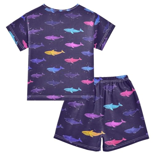 ALAZA Rainbow Shark Whale Blue Pajamas Set Short Sleeve Cotton Sleepwear Summer Pjs 2 Piece 5-14Y2