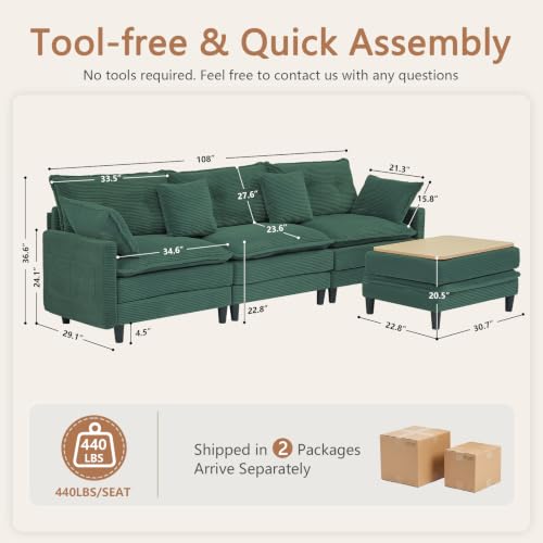 Image of 107.3 inch L-Shaped Modular Sectional Sofa with Storage Ottoman, 3-Seat Deep Seat Corduroy Cloud Sofa with 4 Throw Pillows, Cloud Couch for Living Room, Bedroom, Apartment, Tool-Free Assembly, Green