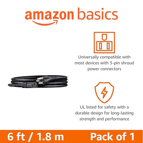 Image of Amazon Basics PC Power Cord, 6 feet, AC Power Cord for Monitor, Computer, TV, 3 Prong, 18 AWG, 125 Volts, Black