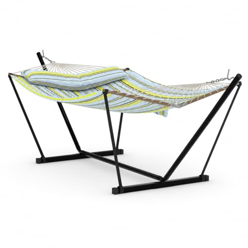 GarveeLife Hamaca Doble con Soporte de 365×140×92cm. Hamaca Jardín Acolchada de Poliéster con Bastidor de Hierro y MaderaCapacidad Máxima 204kg para Patio Terraza Jardín Exterior. Azul Verdoso Rayado