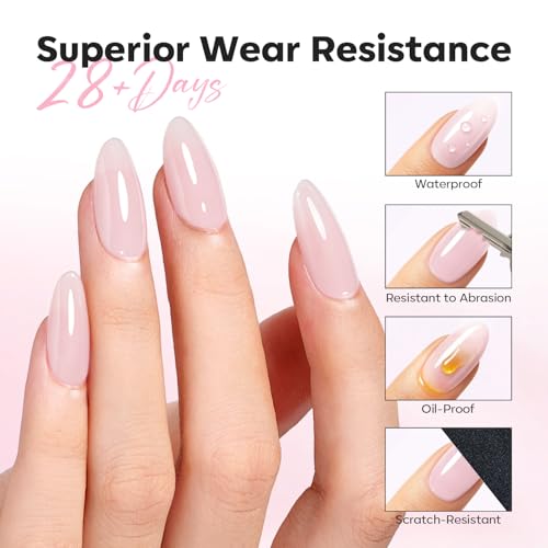 Image of modelones Builder Nail Gel Top Coat, 15 ML No Wipe Ultra Gloss Milky Pink Gel Polish Apex Building Nails Strengthener Extension Jelly Color Nail Art Long Lasting Soak Off U V Manicure Gift for Women