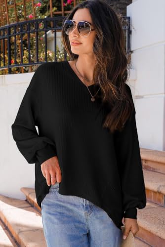 Image of Dokotoo Womens Waffle Knit Tops Trendy Fashion 2026 Oversized T Shirts | Lightweight,V Neck,Casual,Batwing Sleeve,Loose Fit,Irregular Hem,Boyfriend Style,Oversized,Fall Outfits