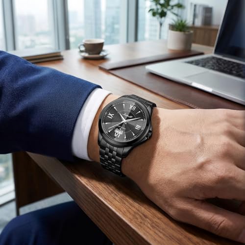 Image of Letoff Men's Analog Watch,Tool-Free Adjustable Clasp, Water Resistant 100ft, Roman Numeral Dial, Stainless Steel Case & Strap, Perfect for Business & Casual Wear