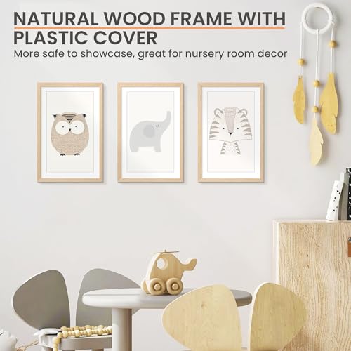 Image of upsimples 11x17 Picture Frame Solid Wooden, Nursery Decor, 1Pack Natural | 100% Solid Wood, Fit 9x15 with Mat and 11 x 17 Poster, Wall Decor or Tabletop Display, Safe For Nursery Kids Room