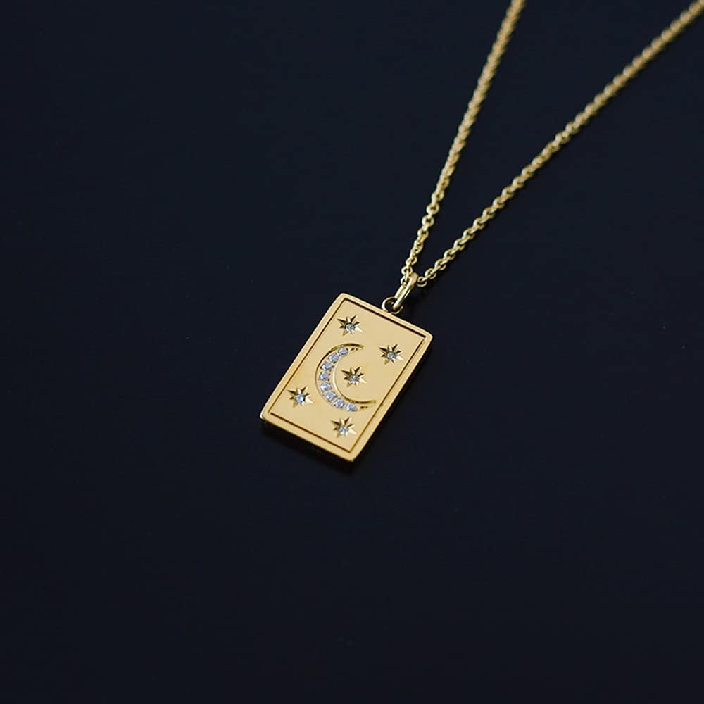 18K Gold Plated Stainless Steel Fly Me to the Moon & Star Pendant Necklace with Sparkly Cubic Zirconia Women Birthday Jewelry