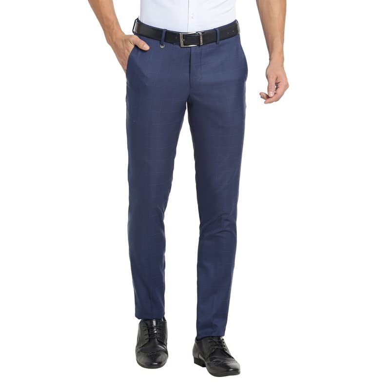 Men Dark Blue Checked Ultra Slim Fit Stretchable Formal Trousers-image-33