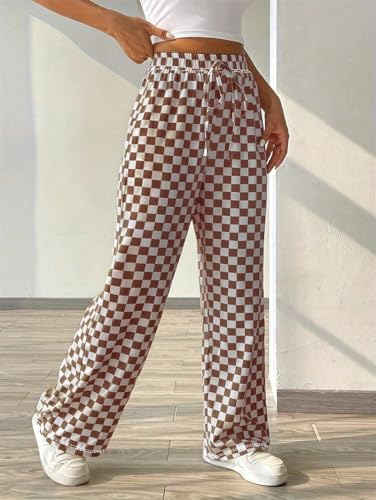 Women's Checkerboard Pattern Drawstring Waist Wide Leg Pants Casual Loose Chic Straight Bottoms for Daily2