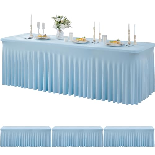 Image of 3 Packs Baby Blue Spandex Tablecloths for 8 Foot Rectangle Tables, Stretchy Fitted 8FT Blue Table Skirt for Wedding Party, Wrinkle Free Tablecloths for Banquet Wedding Birthday Party