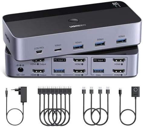 UGREEN HDMI KVM Switch 4K60Hz 2 PC 2 Monitore 4 USB Ports mit 4 HDMI Kabeln | KVM Switch NUR mit HDMI-Anschluss 2 In 2 Out, 4 USB Ports für Tastatur Maus U-Disk, Kompatibel mit Win