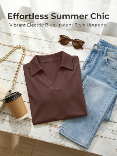 UNCLECAT Women’s V Neck Polo Shirts Long Sleeve Collared Loose Fit Solid Casual Business Fall Tunic Tops Coffee — view 4