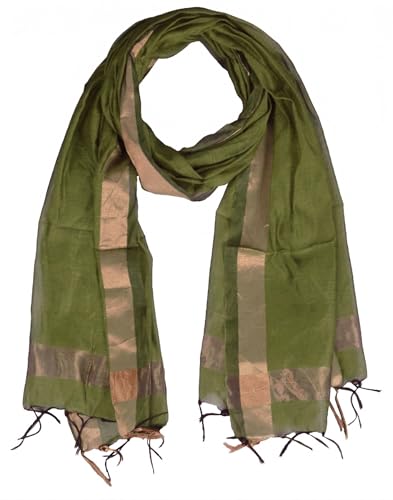 Image of YOUTHQUAKE Women's Chanderi Plain Silk Dupatta with Golden Border & Tassels