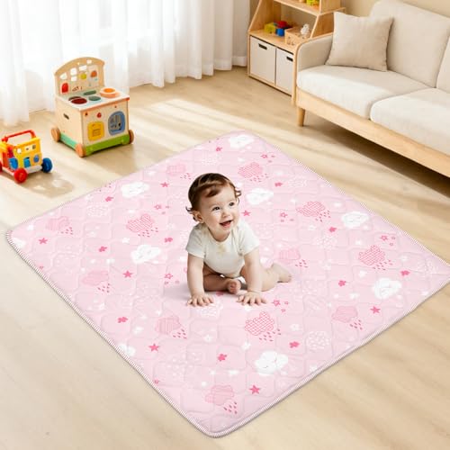Baby Play Mat for Floor,127x127 cm Baby Playmat,Soft Foam Floor Mat Washable Foldable for Tummy Time, Safe Non-Slip Backing for Newborn Toddler Kids Crawling,Pink Clouds