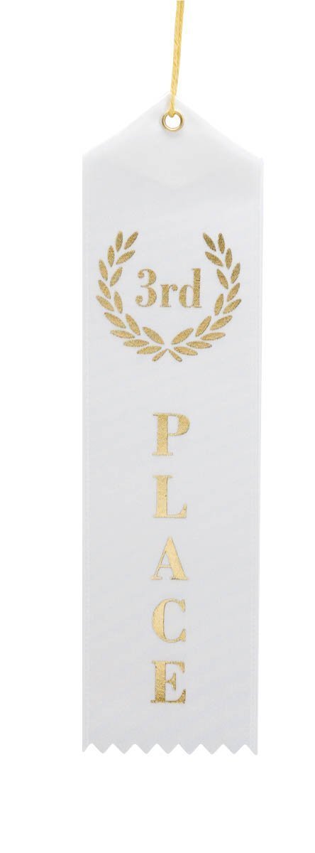 3rd Place (White & Gold) Award Ribbons with a Card & String (24 Pack)