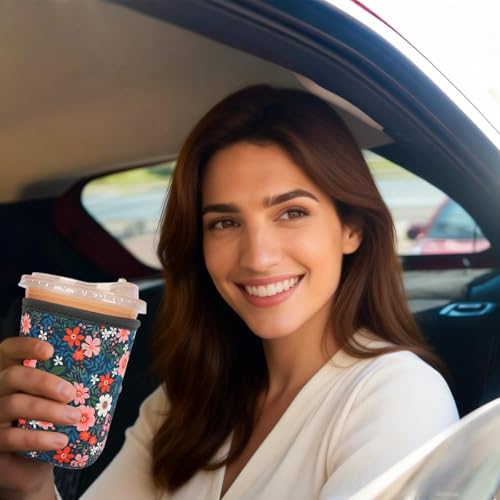 Image of Reusable Insulated Sleeve for Iced Coffee Cup, Coffee Neoprene Sleeve for Cold & Hot Drinks, Beverage Holder for Iced Coffee (Bloom Garden, Small: 16-18oz)