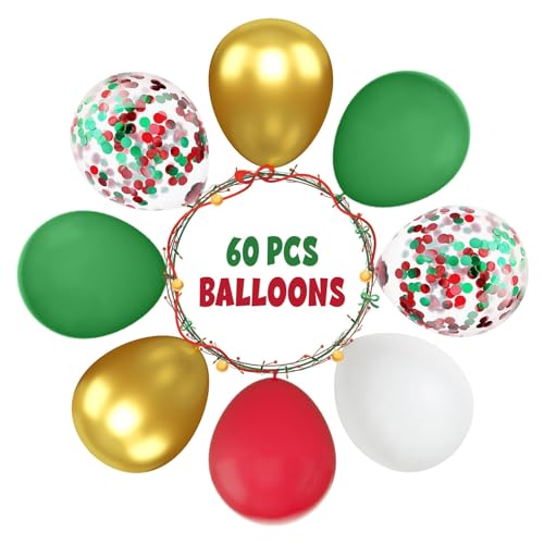Image of FunHot Christmas Balloons, 60 Pcs Red Green Gold Balloons, 12 Inch Red Green Confetti Balloons Metallic Gold Helium Balloons White Latex Balloons for Happy New Year Merry Christmas Party Decorations