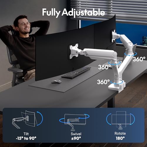 Image of FlexiSpot Monitor Stand, Heavy Duty Dual Monitor Arm for Ultrawide Screen up to 39 inch and 44 Lbs, Adjustable Gas Spring Arm with C Clamp & Grommet Base for Gaming Office, 75 /100 VESA Mount, White