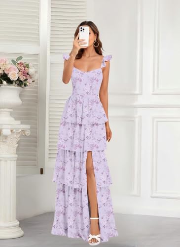 Dessiny Floral Print Bridesmaid Dresses Long with Slit 2025 Spaghetti Straps Tiered Ruffles Formal Evening Dress DE5794