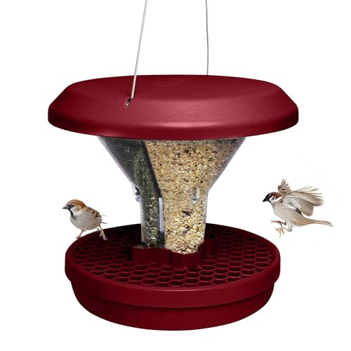 SWISSINNO Bird Feeders - No Mess Hanging Bird Feeder for Outdoors - Smart Birds Davos Spill Proof Wild Cardinal & Small Bird Feeder with Integrated Seed Catcher Tray - Dual Chamber - Burgundy