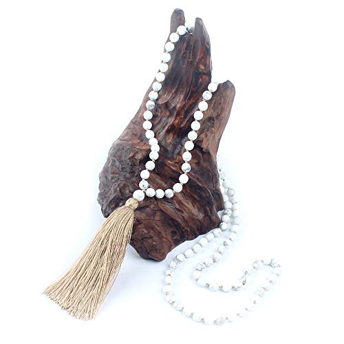 BALIBALI 6MM Mala Beads Necklace Natural Stone Meditation Statement Necklace Japa Yoga Rosary Prayer Charm Beaded Tassel Necklace (Matte White Turquoise)