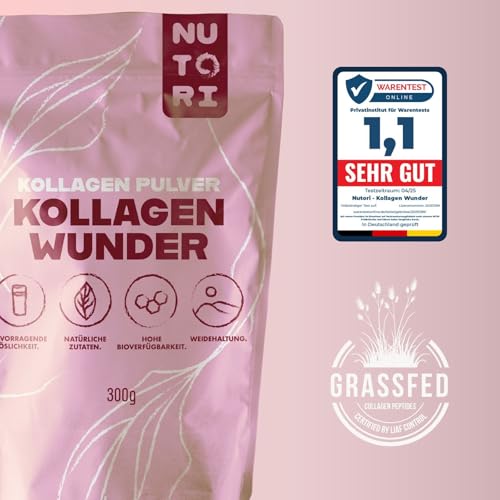 NUTORI - Kollagen Pulver 300 g - Typ I & III - optimale Bioverfügbarkeit und Löslichkeit - Weidehaltung - Collagen Pulver Hydrolysat Peptide - Produziert & laborgeprüft in Deutschland 2