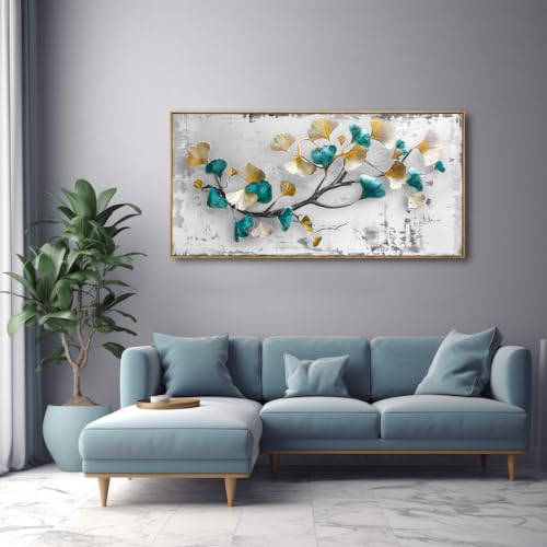 Ginkgo Leaf Wall Art Modern Botanical Canvas Painting Framed 24"x48" by MooMel - Used condition - Image 6