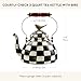 MACKENZIE-CHILDS Enamel Tea Kettle, Cute Kitchen Kettle for Stovetop, 3-Quart Capacity, Black-and-White Courtly Check with Bird Topper