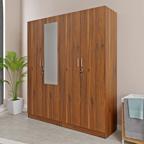 Image of VIKI Wardrobe | Wooden Almirah for 4 Door Fully Shelves Mirror Wardrobe (Brussel Walnut - 40D x 160W x 180.8H) | 1 Year Warranty | Free Assembly