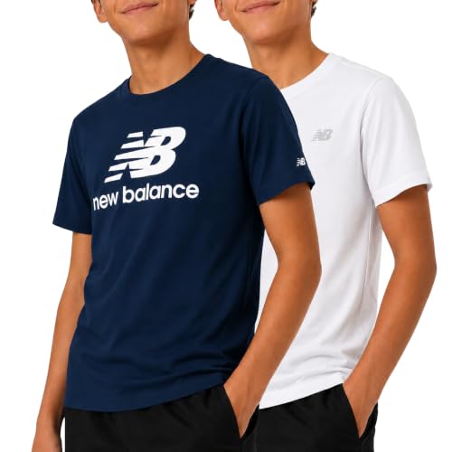 New Balance Boys Tshirts - 2 Pack Short Sleeve Crew Neck Athletic Shirts for Boys - Kids Youth Workout Tshirt Top, Size 14-16, Shoreline Blue/White