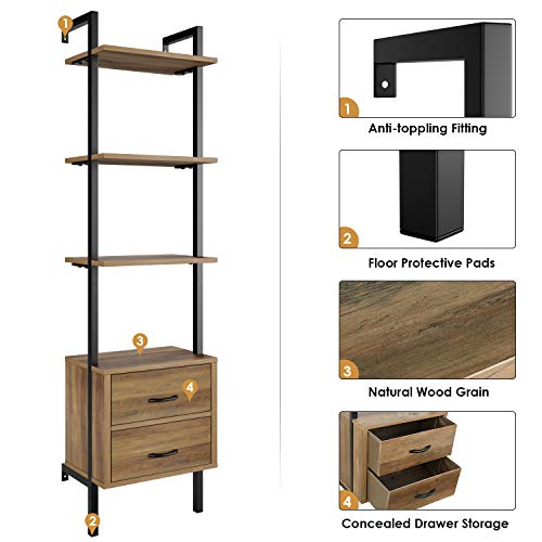 HOMECHO Ladder Bookshelf, 4-Tier Ladder Bookcase with 2 Fabric Drawers, Tall Display Shelves Storage Cabinet for Home Office, Wood and Metal Frame, Brown