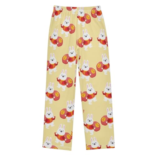 ZZXXB Chinese Bunny Happy New Year Boys Long Pants Soft Trousers Elastic Waist Kids Lounge Bottoms with Pockets S-XL