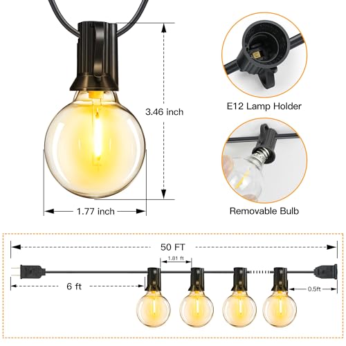 Ollny 50FT Outdoor String Lights, Waterproof Connectable Shatterproof Outside Light with 25 Edison + 2 Spare LED Bulbs Plug in, Patio Lights for Indoor Balcony Porch Camping Deck