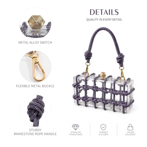 Image of Clear Acrylic Clutch, Glitter Rhinestone Purse Handbag with Bling Rope for Banquet Party (Dark Purple, (L*W*H): 19cm*6cm*10cm /7.48 inch*2.36 inch*3.94 inch)