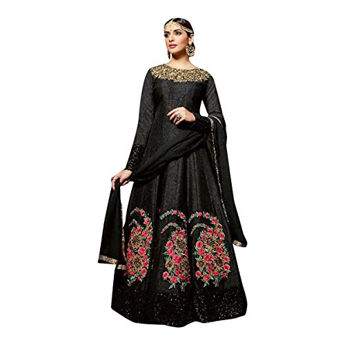 Costume Anarkali noir et rouge en georgette semi-cousu avec broderie