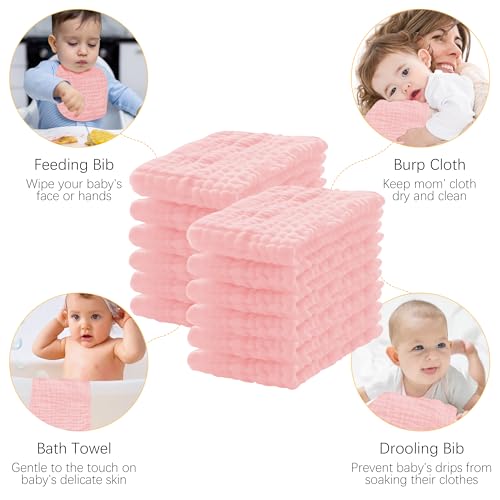 Image of Lovely Care 12 Pack Muslin Burp Cloths 100% Cotton Muslin Cloths Large 20''x10'' Extra Soft and Absorbent Baby Burping Cloth - Pink