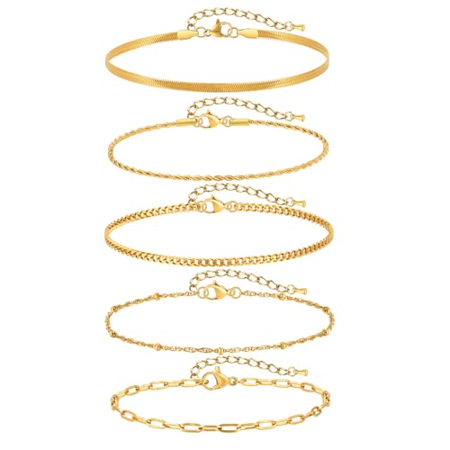 Image of KSF Gold Anklets for Women Waterproof - 18k Gold Plated Ankle Bracelets for Women, 5PCS Anklet Set Cuban Herringbone Figaro Link Chain Anklets for Women Summer Beach Jewelry Gift Adjustable Size