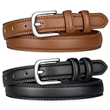 Alphyly Neries 2 Pack Leather Belts for Women Trendy, Women's Belts for Jeans Pants Dresses with Silver Buckle, Black and Brown, Fits Waist Size 33-37”