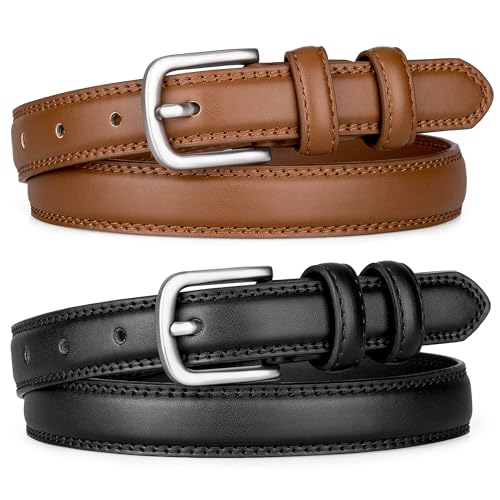 Alphyly Neries 2 Pack Leather Belts for Women Trendy, Women's Belts for Jeans Pants Dresses with Silver Buckle, Black and Brown, Fits Waist Size 33-37”