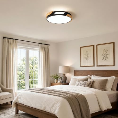 Image of Modern LED Ceiling Light, Wood Dimmable Flush Mount Ceiling Light Fixture