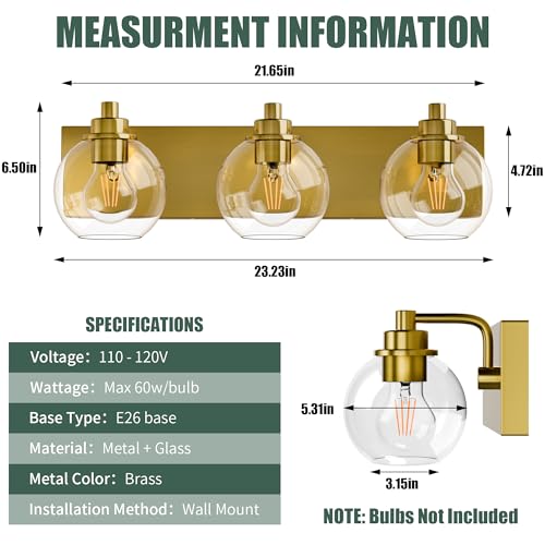 Image of 3 Light Bathroom Light Fixtures-Brushed Gold Bathroom Vanity Lights, Modern Vanity Lights 3-Light Bathroom Lighting Fixtures Over Mirror with Clear Glass Globe Shade