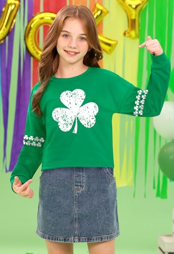 Image of Big Girl's St.Patrick's Green Long Sleeve Lucky Tops Cute Soft Funny Shamrock Tunics 12 Years