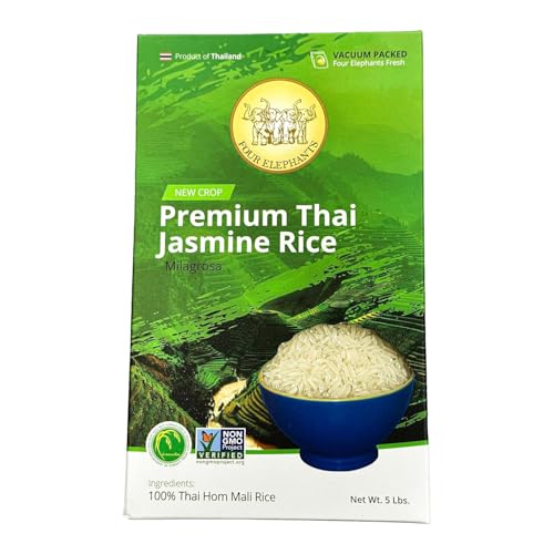 5 Pounds (Lbs) Premium Thai Hom Mali Jasmine Rice | Endorsed By Pro Chefs | Four Elephants Brand | Diy Friendly Cooking Instructions Packaging