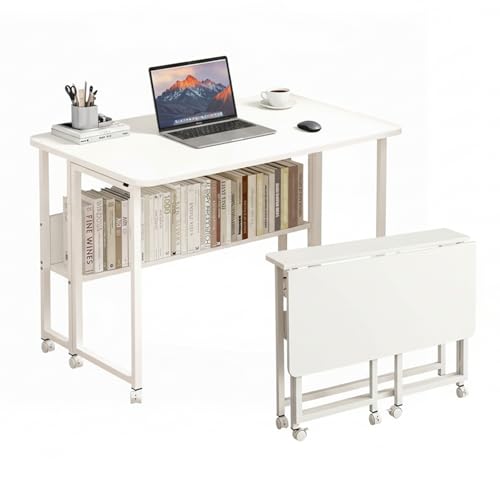 AUFFOKUS Kleiner Schreibtisch Klappbar, Klapptisch Mini Klappbarer Computertisch mit Rollen Arbeitstisch Küchentisch Klappbar Nähtisch für Bett,Sofa und Home Office (Weiß, Mit Bücherregal)