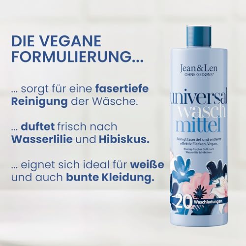 Jean & Len Universalwaschmittel Wasserlilie & Hibiskus, Fasertiefe Reinigung, mit Fleck-Weg-Effekt, mit pflanzenbasierten Tensiden, ohne künstliche Farbstoffe, Waschmittel vegan, 1 L 4