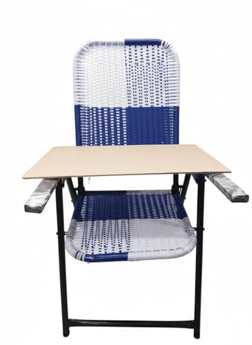 Image of Portable Folding Study Chair with Armrests, Blue and White Woven Design, Iron Frame, 8mm Laptop Reading Pad, Lightweight, for Home, School and Outdoors
