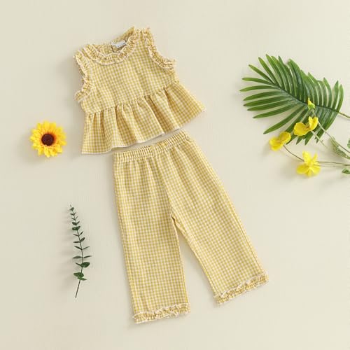 LIOMENGZI Toddler Baby Girl Clothes Summer Spring Baby Outfit Plaid Frill Trim Plaid Tank Tops Pants 12 18 24 Month 3T 4T (Yellow Cute, 2-3T) — view 5