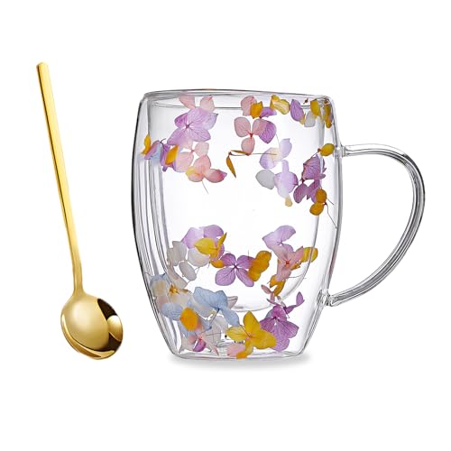 Billowvolve 350ML Trockene Blume Doppelwand Glas Kaffeetasse Teetasse Kristall Hitzebeständig mit Löffel, Schöne Teeglas Doppelwandig für Mutter, Oma, Freundin, Schwester
