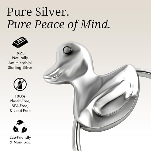 Image of Duck 925 Sterling Silver Teether Rattle Ring | non tarnishing, 0-12 months, teething gift, engravable, gift boxed, baby shower, christening, newborn keepsake